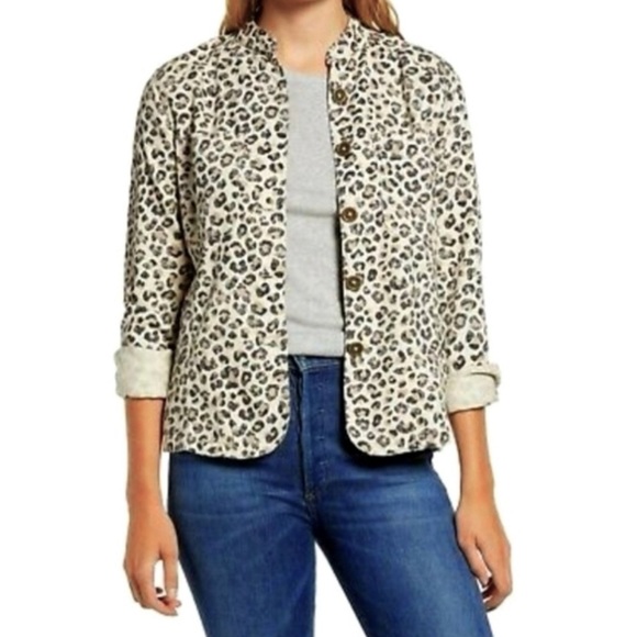 Caslon Leopard Print Button Down Lightweight Casual Utility Jacket M Tan Black - Picture 1 of 13